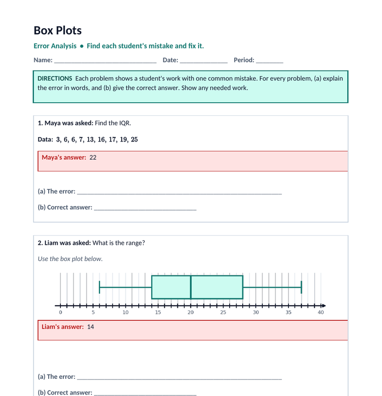Error analysis page with student work to correct