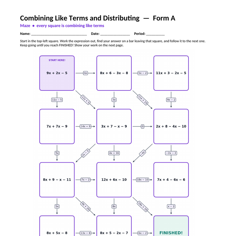 Combining like terms maze worksheet