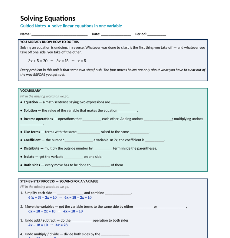 Guided notes page showing each algebra step on its own line